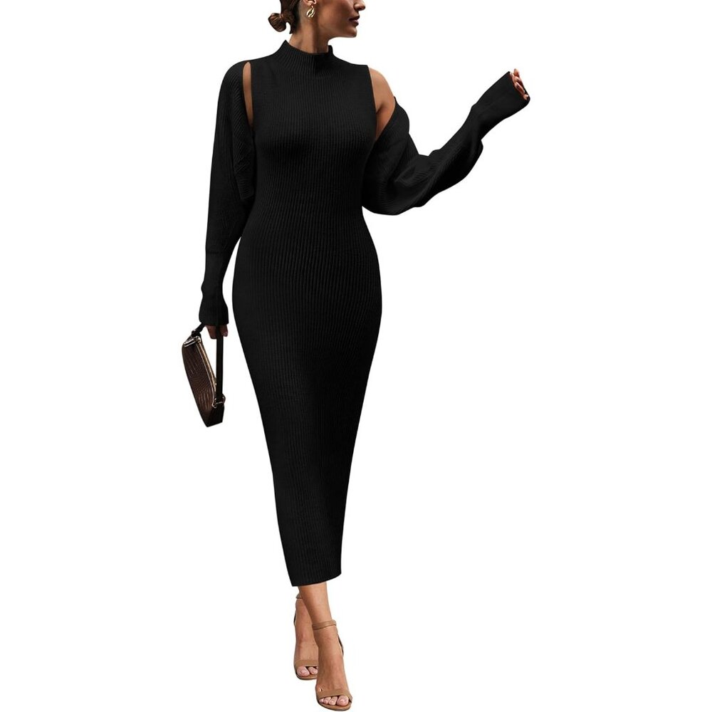 Stylish Women's Winter 2-Piece Knit Dress & Cardigan Set With Mock Neck - Large